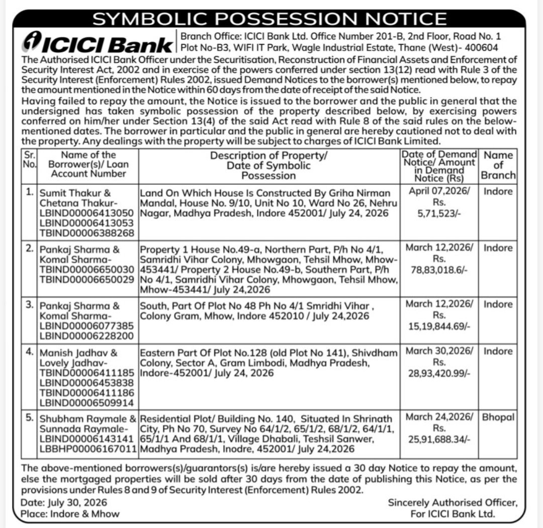 📢 Symbolic Possession Notice – ICICI Bank | Indore, Madhya Pradesh