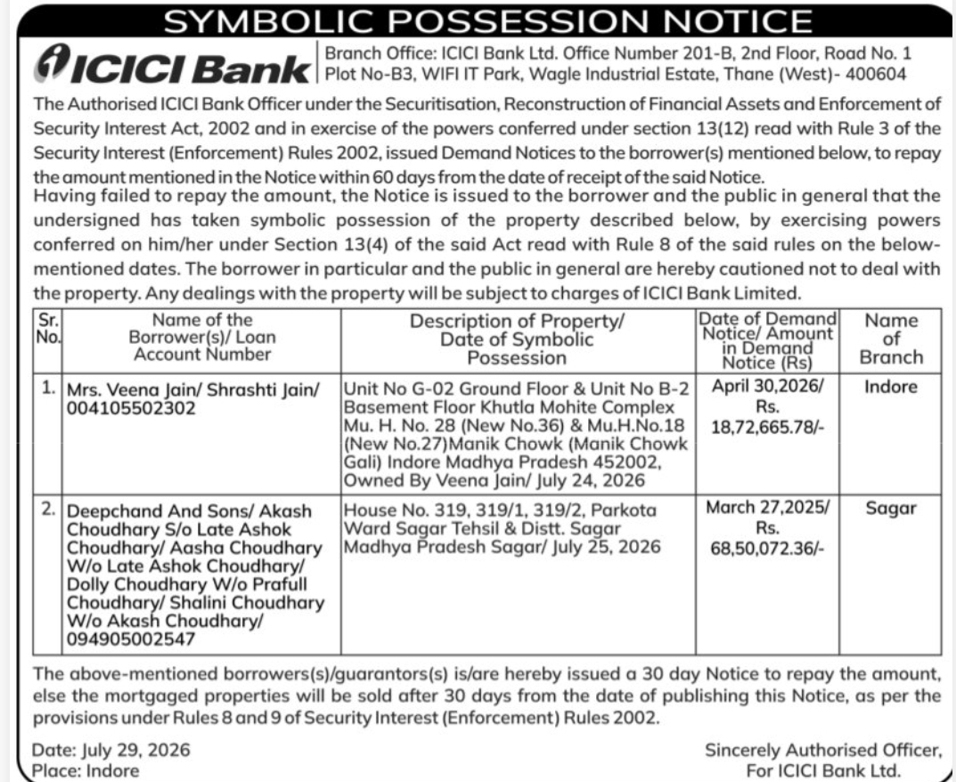 ⚠️ Symbolic Possession Notice – ICICI Bank, Indore & Sagar