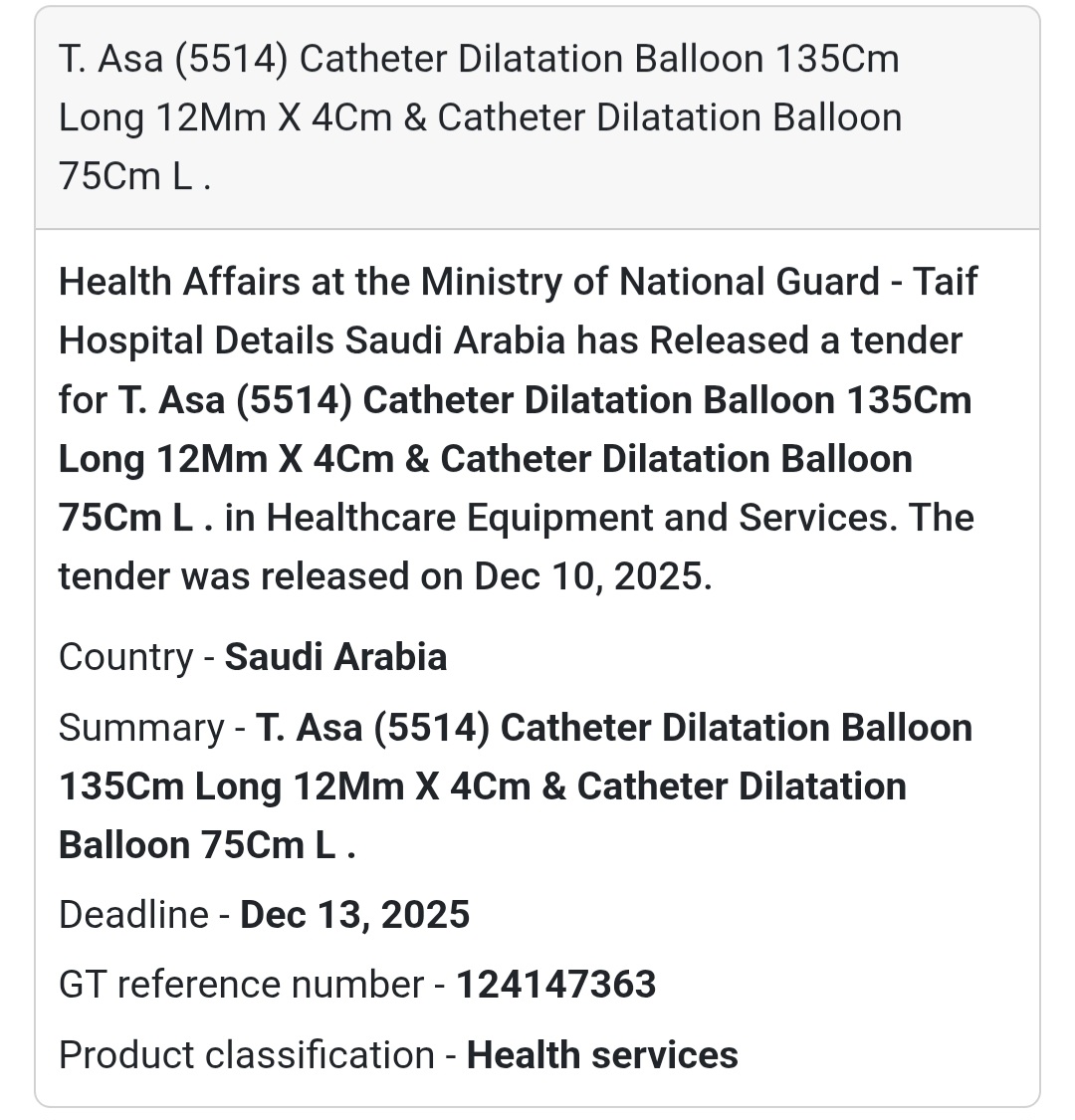 🏥 T. Asa (5514) Catheter Dilatation Balloon