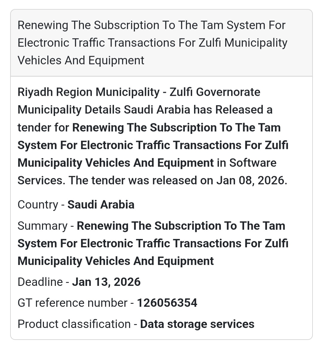 🚦 TAM System Subscription Renewal – Zulfi Municipality