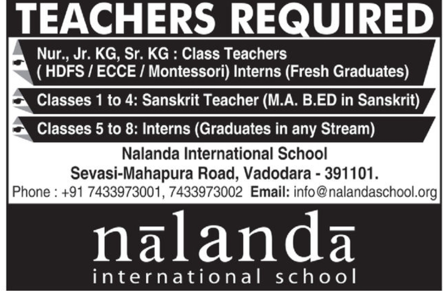 👩‍🏫 Teachers Required – Nalanda International School | 📍Location: Vadodara