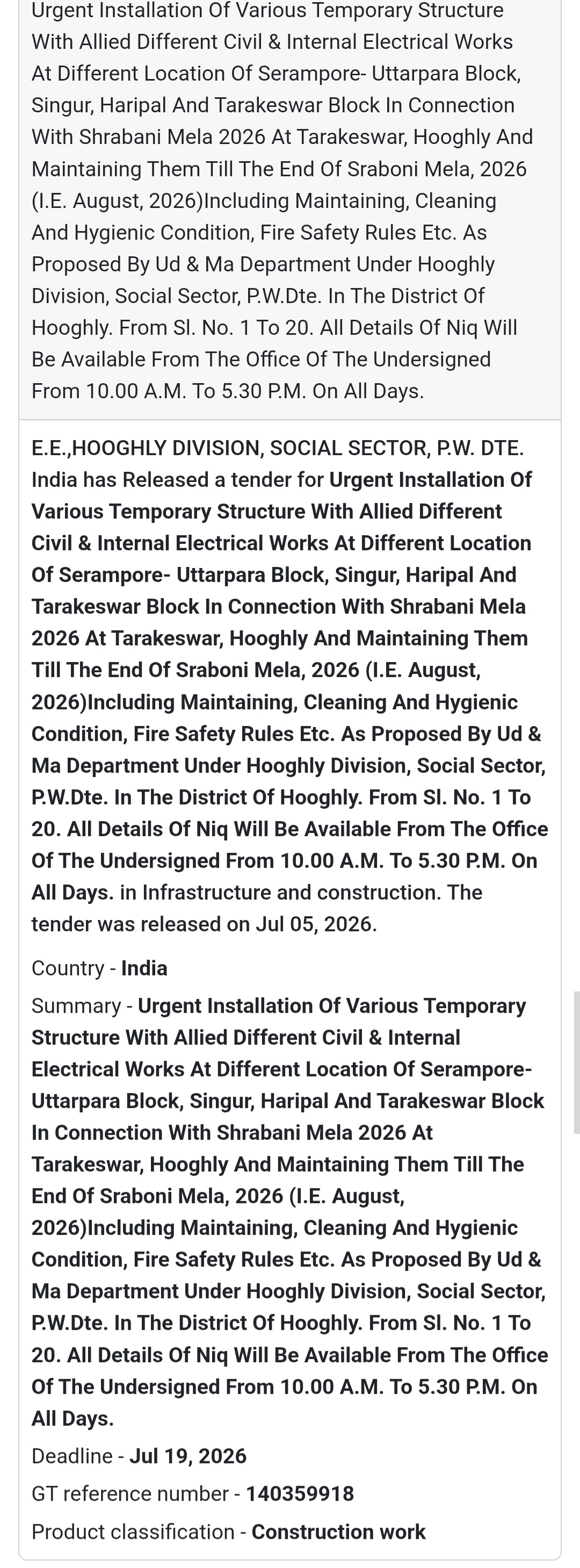 🏗️ Temporary Structures for Shraboni Mela 2026 – Hooghly District 🎪