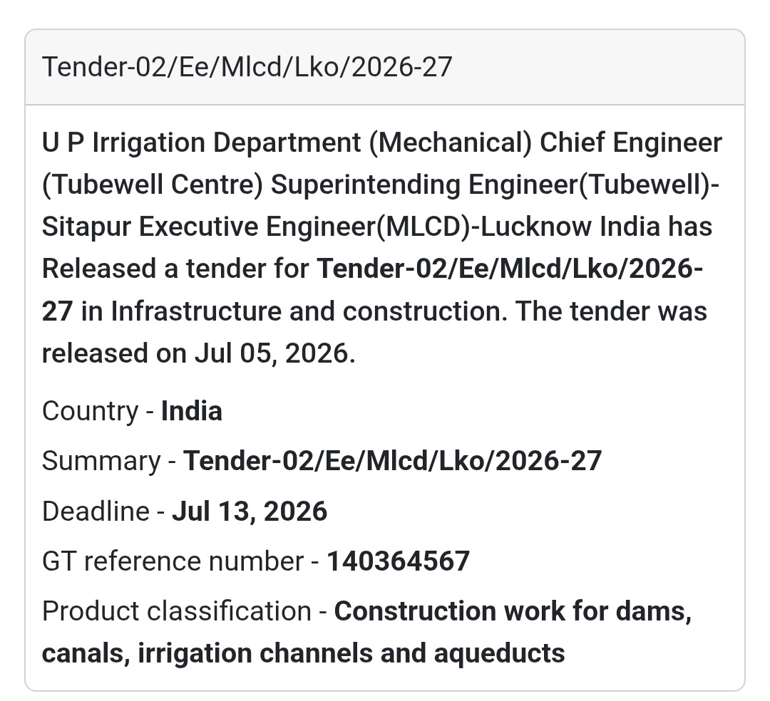 🚜 Tender-02/EE/MLCD/LKO/2026-27📍 Location: Lucknow, Uttar Pradesh