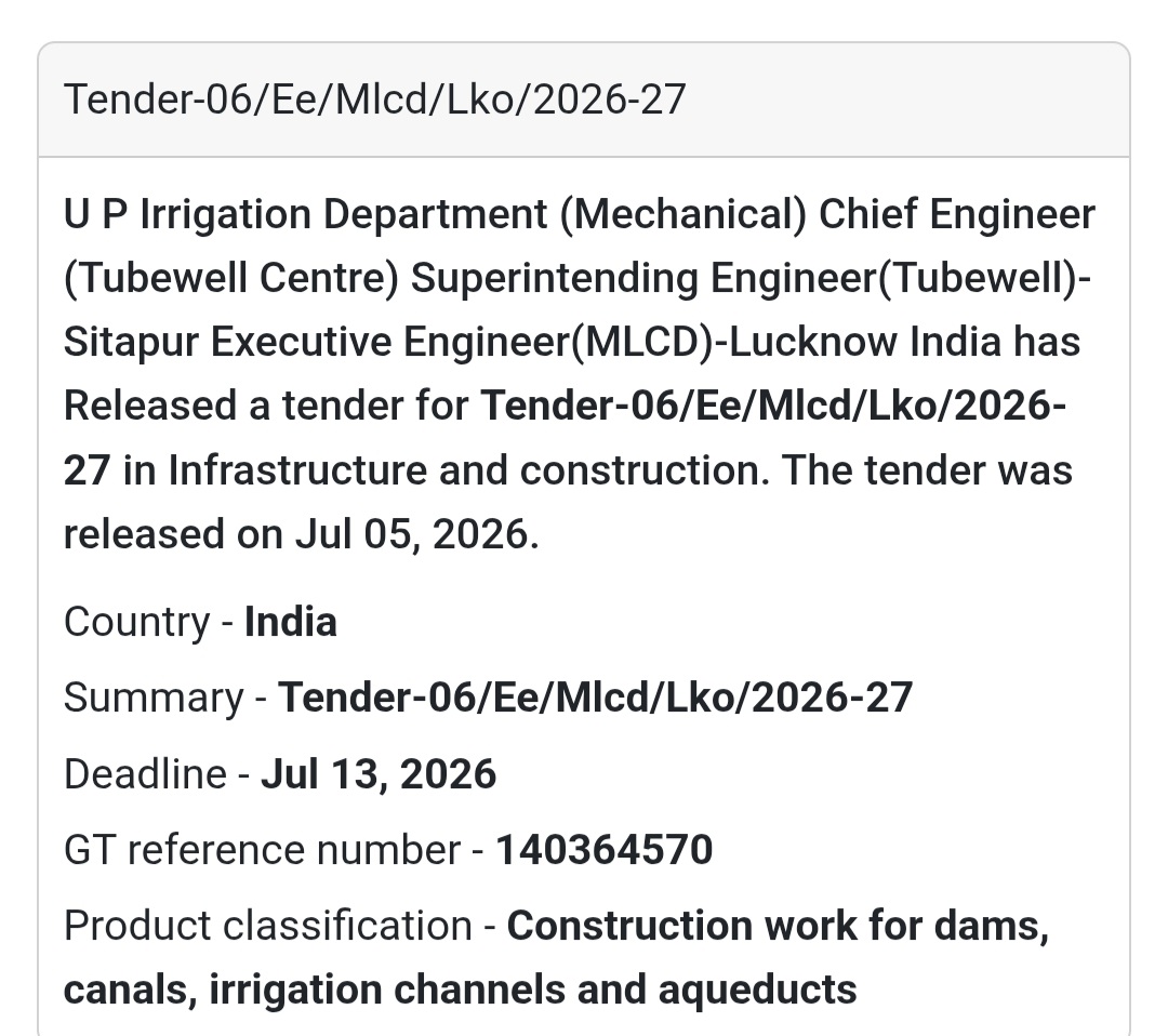 🚜 Tender-06/EE/MLCD/LKO/2026-27📍 Location: Lucknow, Uttar Pradesh