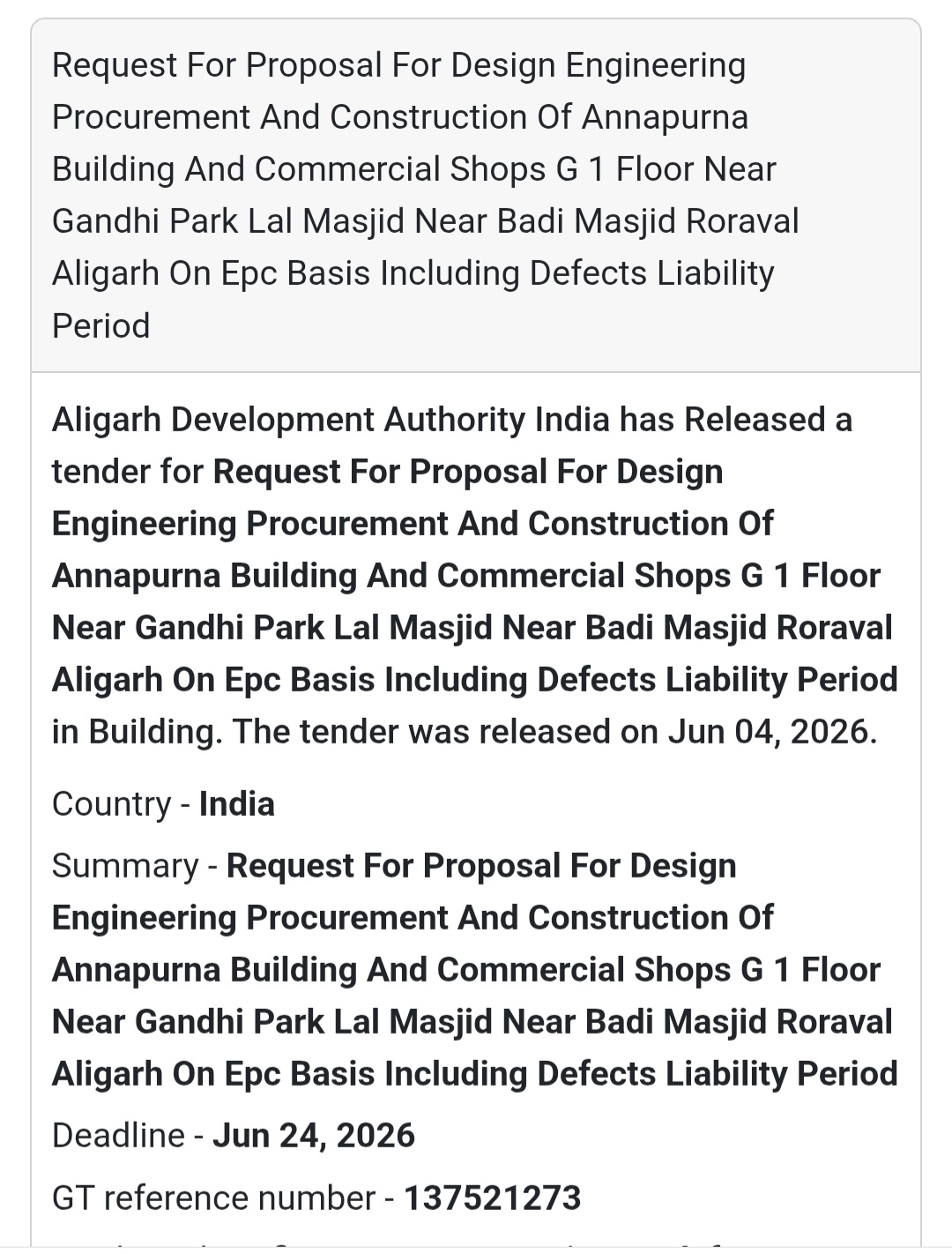 🏢 Tender Alert | Aligarh | Annapurna Building & Commercial Shops Project