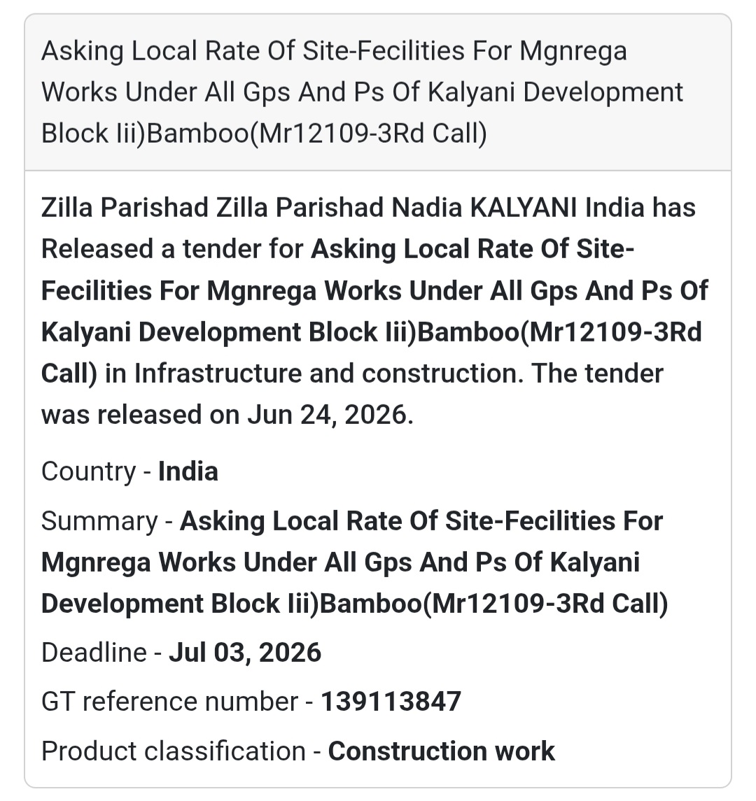 🚨 Tender Alert | Asking Local Rate of Site-Facilities for MGNREGA Works – Bamboo (3rd Call) 🎋📢