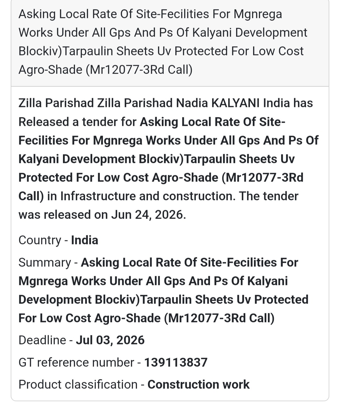 🚨 Tender Alert | Asking Local Rate of Site Facilities for MGNREGA Works 📢 (Kalyani, Nadia, West Bengal)