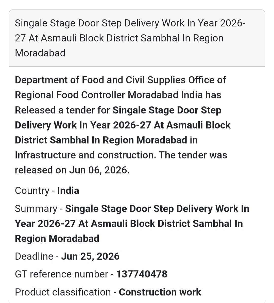 🚚 Tender Alert: Asmauli, Sambhal |