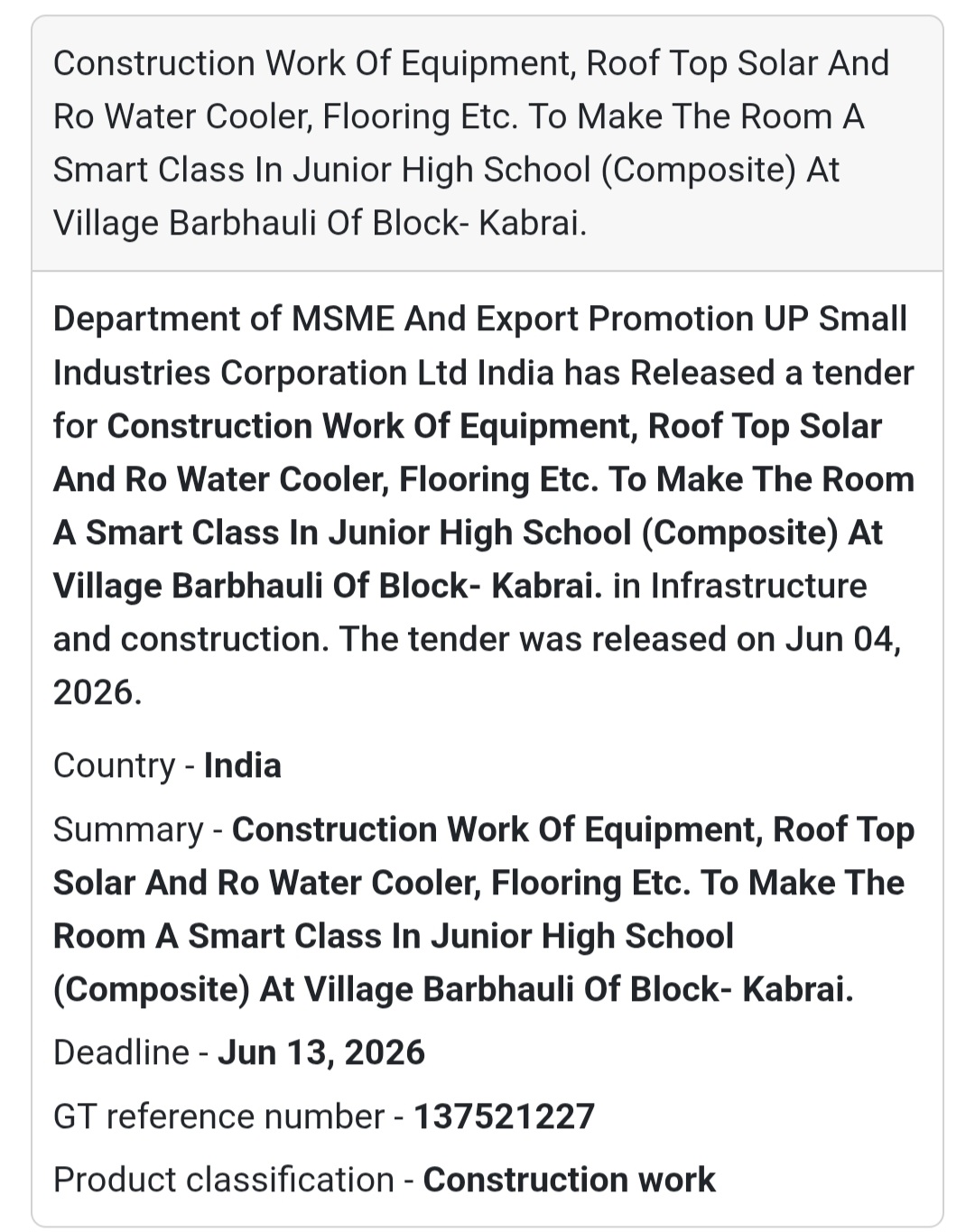 🏫 Tender Alert | Barbhauli, Kabrai | Smart Class Construction Work