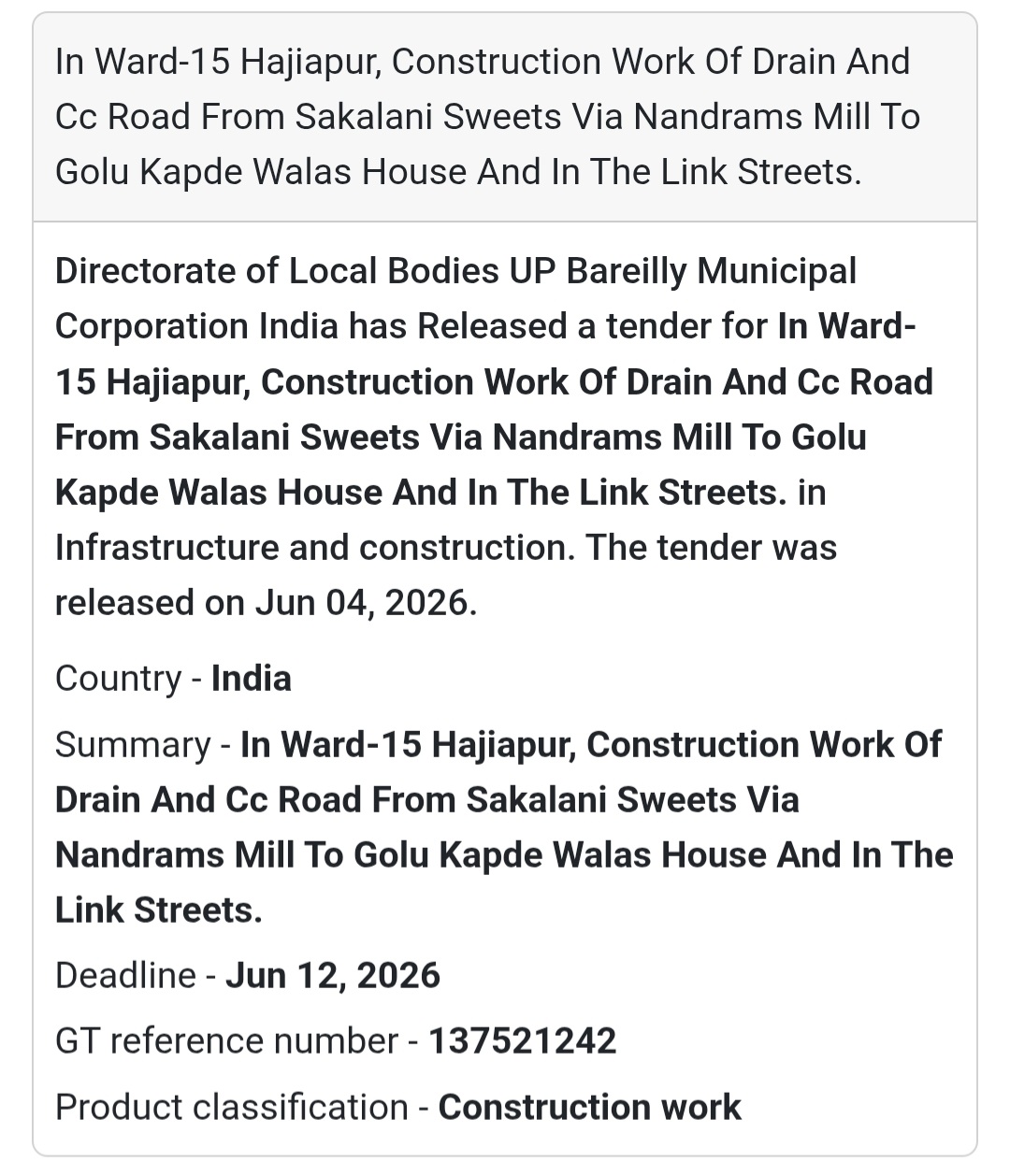 🚧 Tender Alert | Bareilly | Drain & CC Road Construction