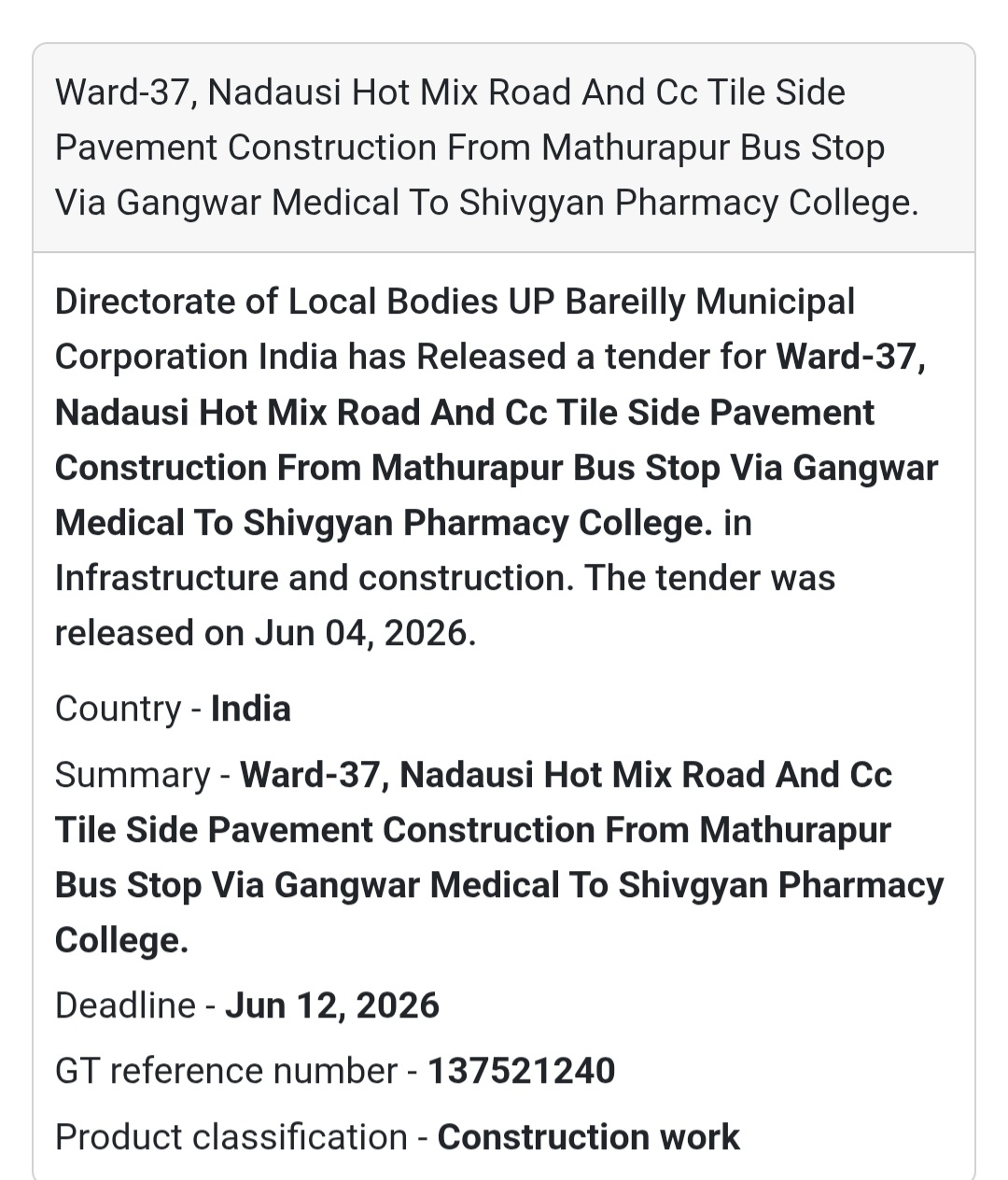 🛣️ Tender Alert | Bareilly | Hotmix Road & CC Tile Side Pavement Work