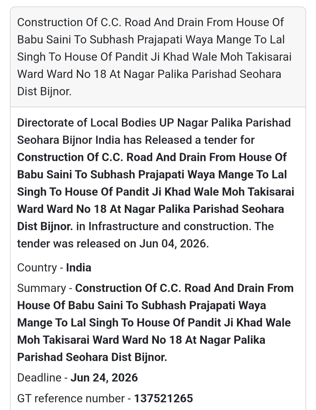 🛣️ Tender Alert | Bijnor | C.C. Road & Drain Construction (Ward 18)