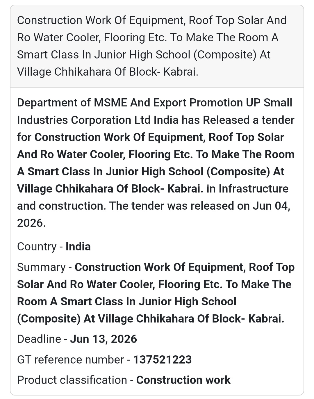 🏫 Tender Alert | Chhikahara, Kabrai | Smart Class Construction Work