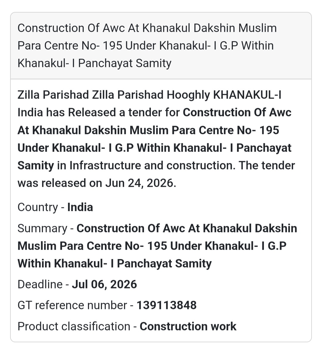🚨 Tender Alert | Construction of AWC at Khanakul Dakshin Muslim Para Centre No. 195 🏗️📢