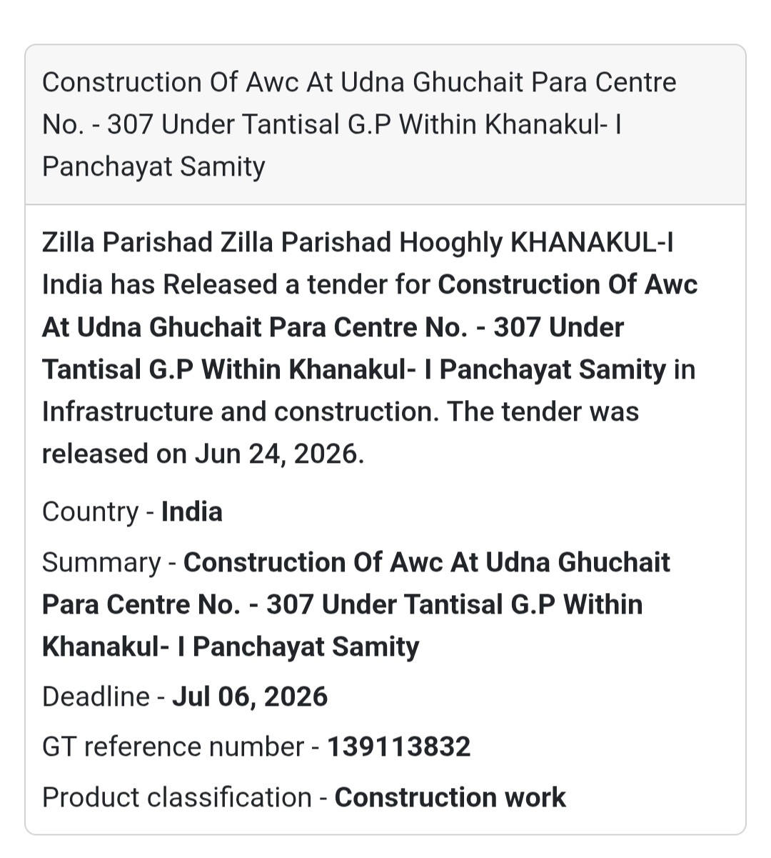 🚨 Tender Alert | Construction of AWC at Udna Ghuchait Para Centre No. 307 🏗️📢 (Khanakul-I, Hooghly, West Bengal)