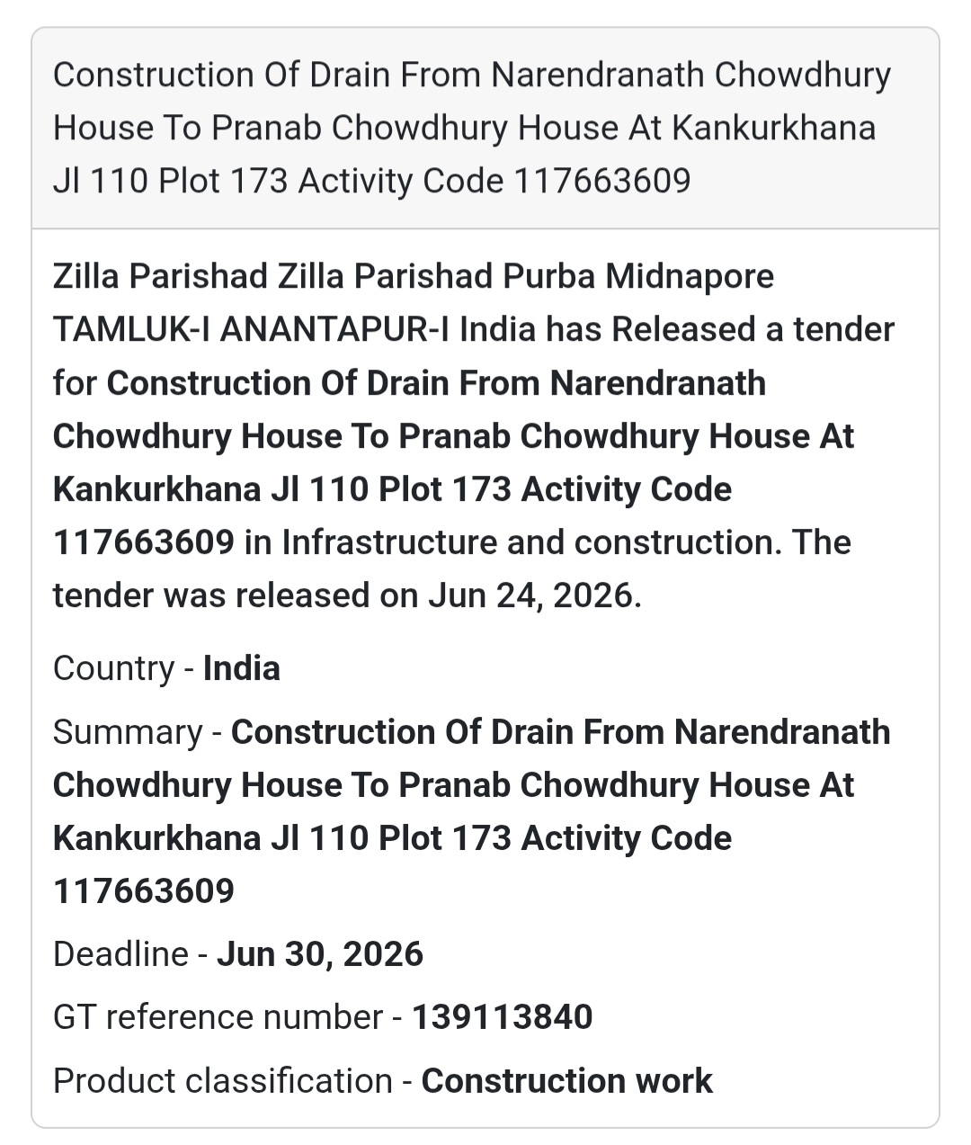 🚨 Tender Alert | Construction of Drain from Narendranath Chowdhury House to Pranab Chowdhury House 🏗️📢