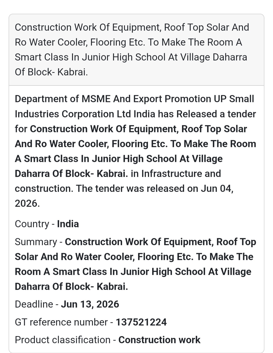 🏫 Tender Alert | Daharra, Kabrai | Smart Class Construction Work