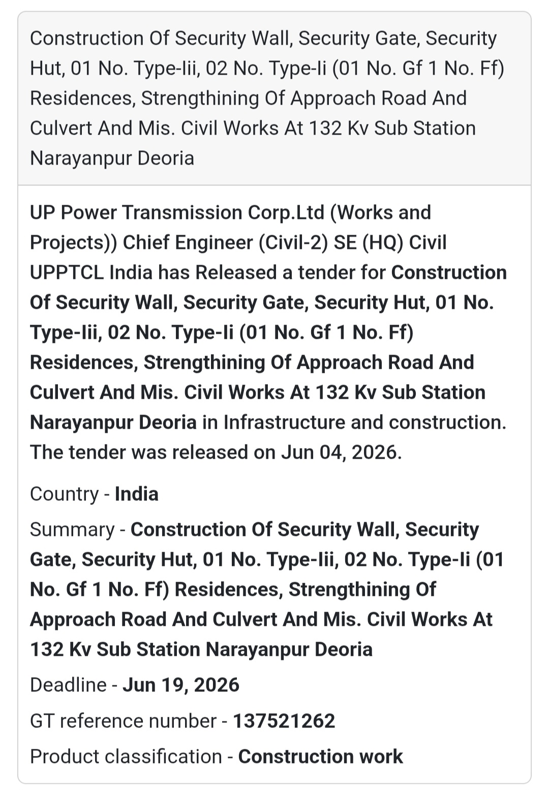 🏗️ Tender Alert | Deoria | 132 KV Substation Civil Works