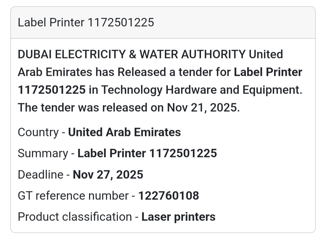 🖨️ Tender Alert – Dubai Electricity & Water Authority (DEWA) 🇦🇪