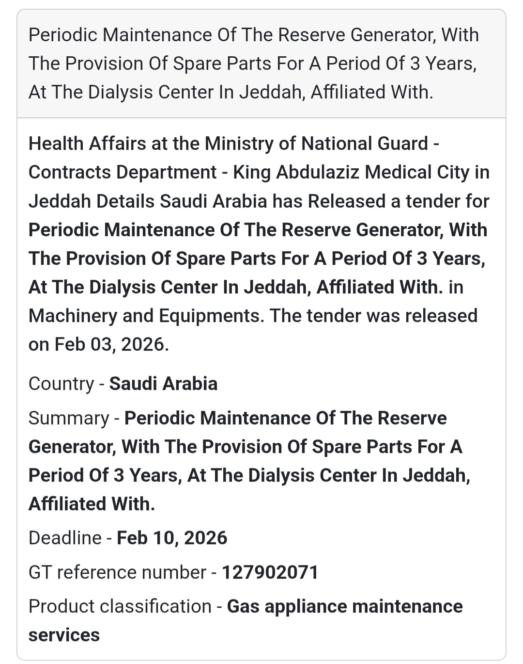 🇸🇦 Tender Alert: Generator Maintenance in Jeddah