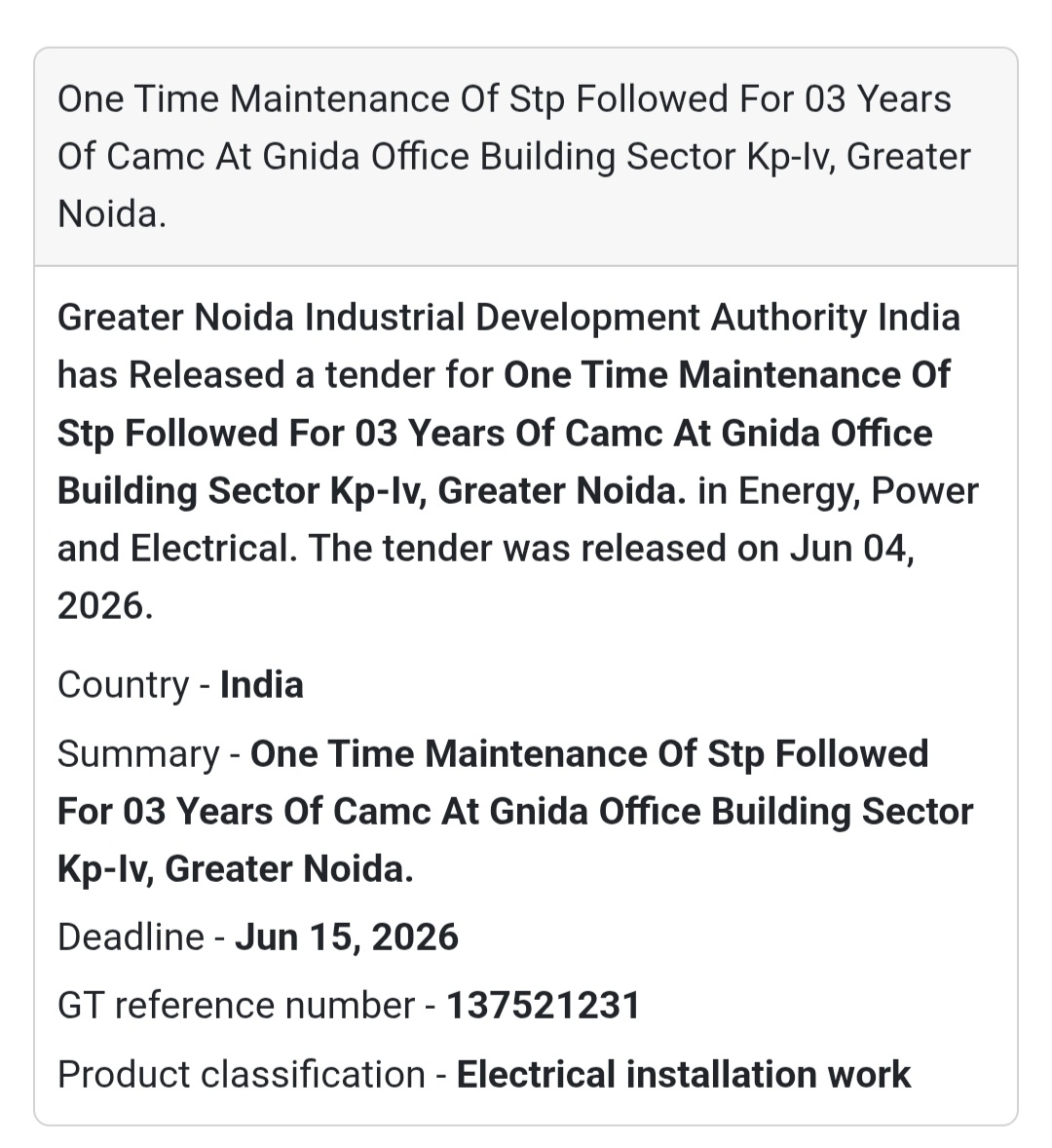 ⚡ Tender Alert | Greater Noida | STP Maintenance Work