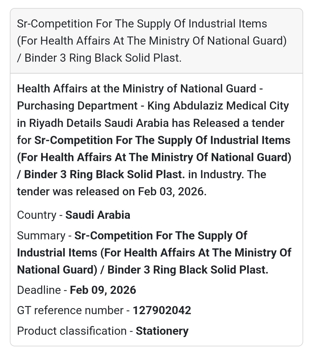 🇸🇦 Tender Alert: Industrial Items Supply