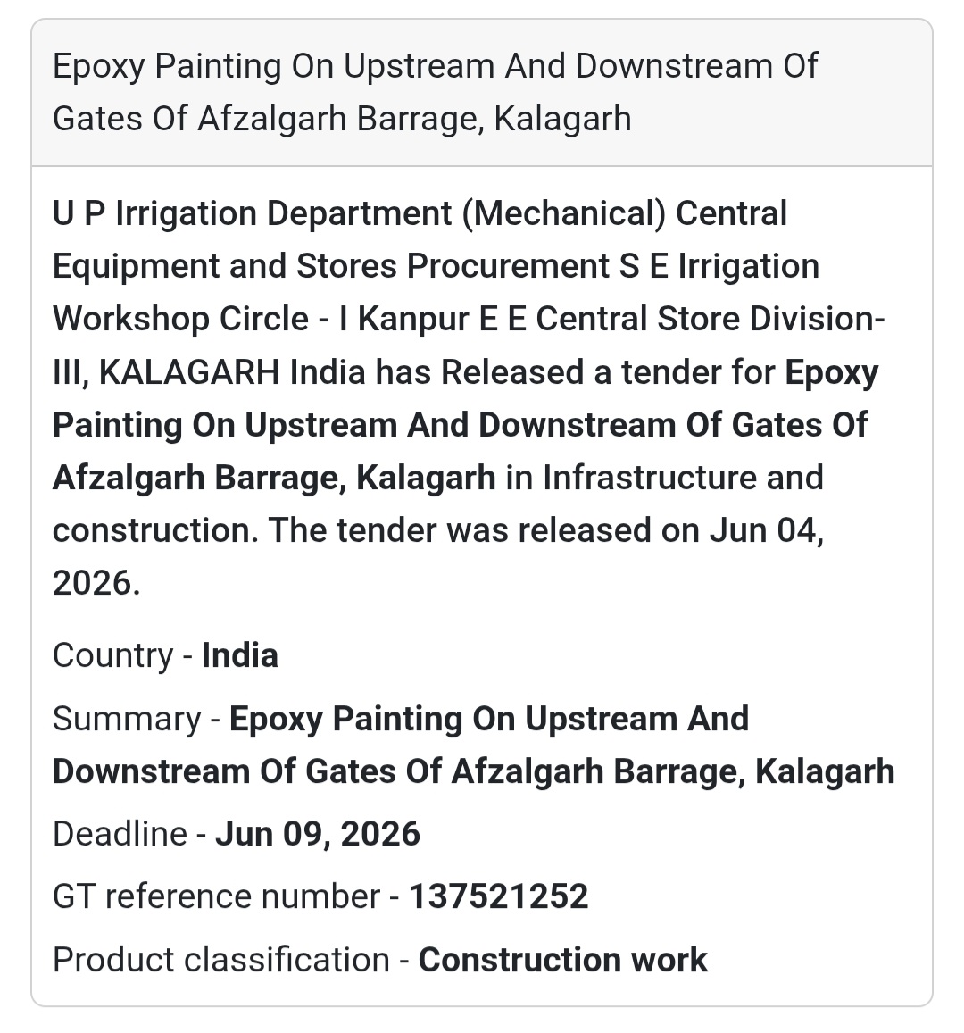 🎨 Tender Alert | Kalagarh | Barrage Gate Epoxy Painting Work