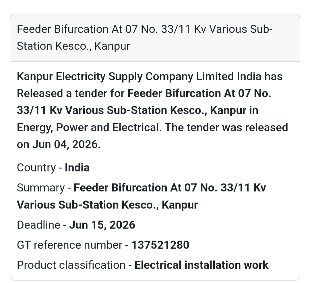 ⚡ Tender Alert | Kanpur | Feeder Bifurcation Work at KESCO Substations