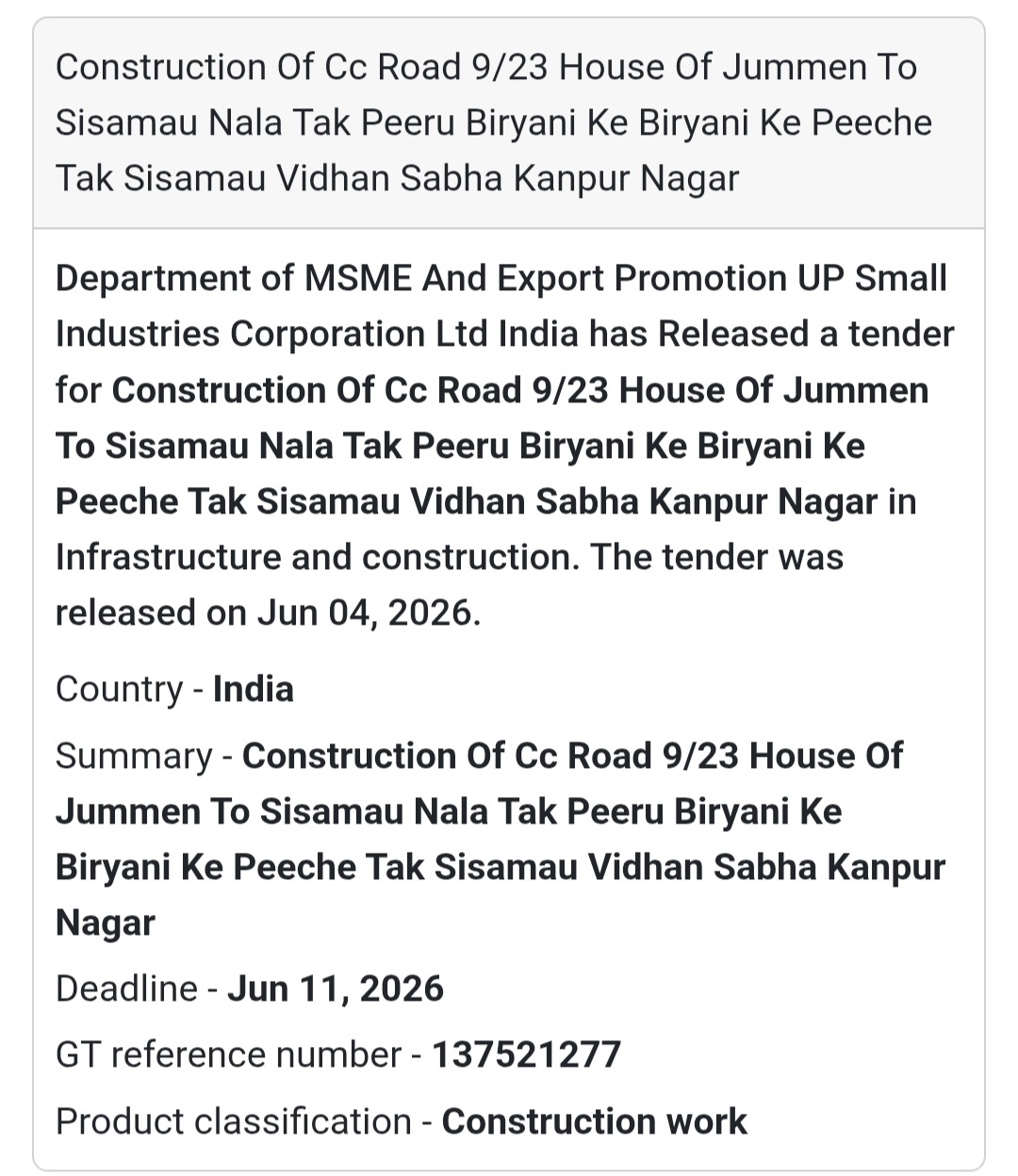 🛣️ Tender Alert | Kanpur Nagar | C.C. Road Construction