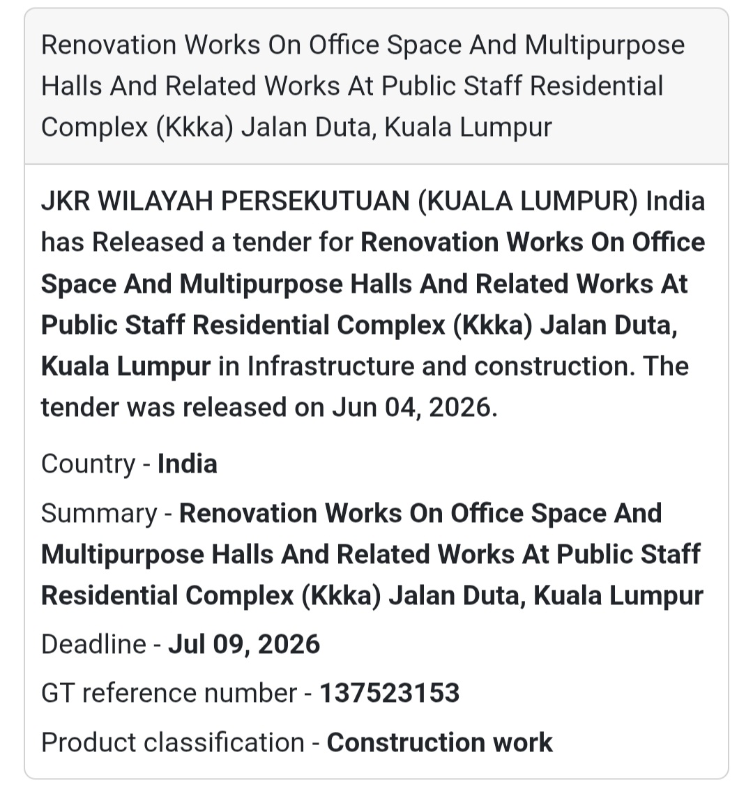 🏢 Tender Alert | Kuala Lumpur | Office & Multipurpose Hall Renovation