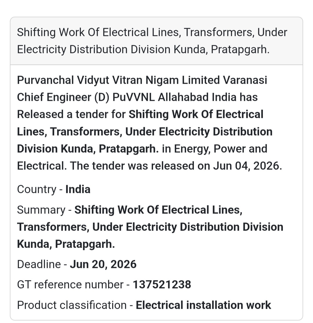 ⚡ Tender Alert | Kunda, Pratapgarh | Electrical Line Shifting Work