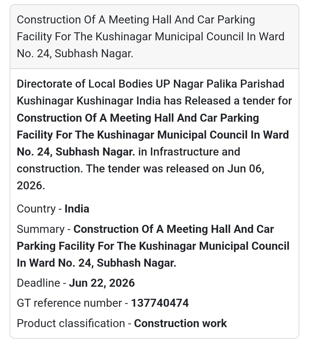 🏛️ Tender Alert: Kushinagar