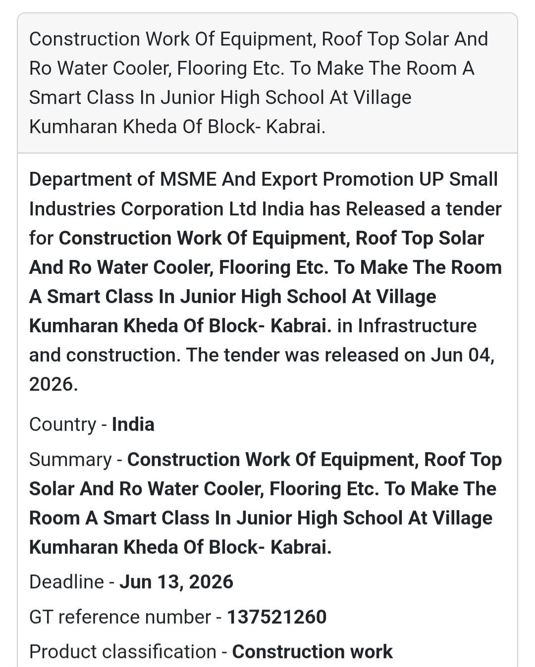 🏫 Tender Alert | Mahoba | Smart Classroom Development (Kumharan Kheda)