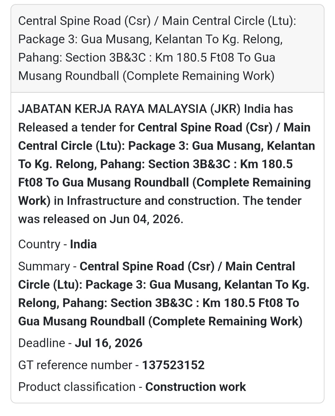 🛣️ Tender Alert | Malaysia | Central Spine Road Package 3 Project