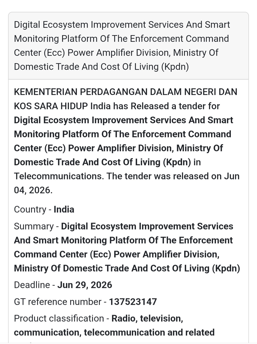 📡 Tender Alert | Malaysia | Digital Ecosystem & Smart Monitoring Platform
