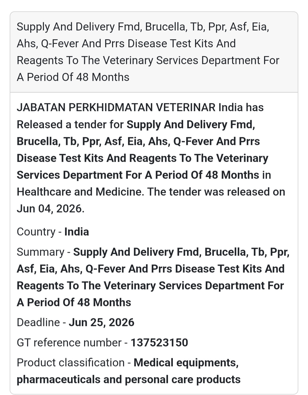 🐄 Tender Alert | Malaysia | Veterinary Disease Test Kits Supply