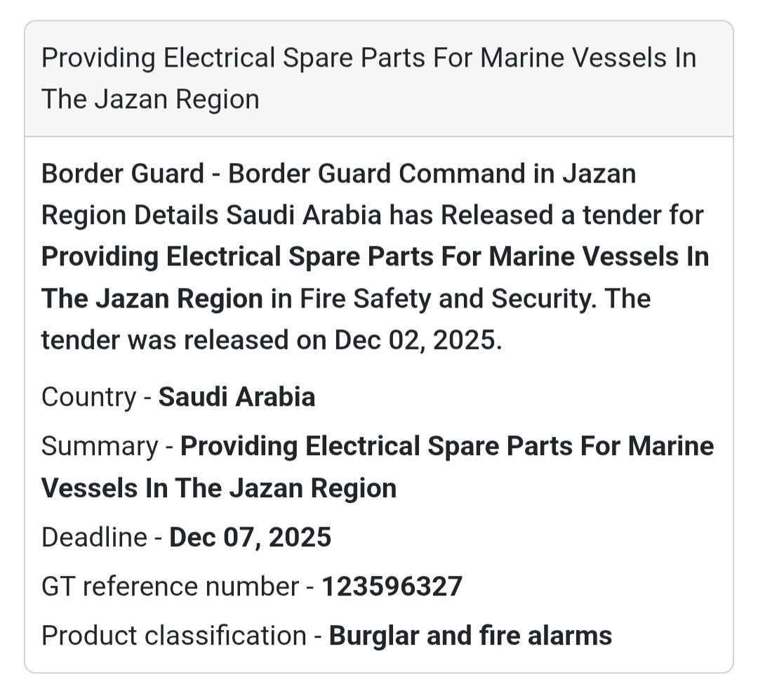 ⚓ Tender Alert – Marine Electrical Spare Parts | Jazan Region 🇸🇦