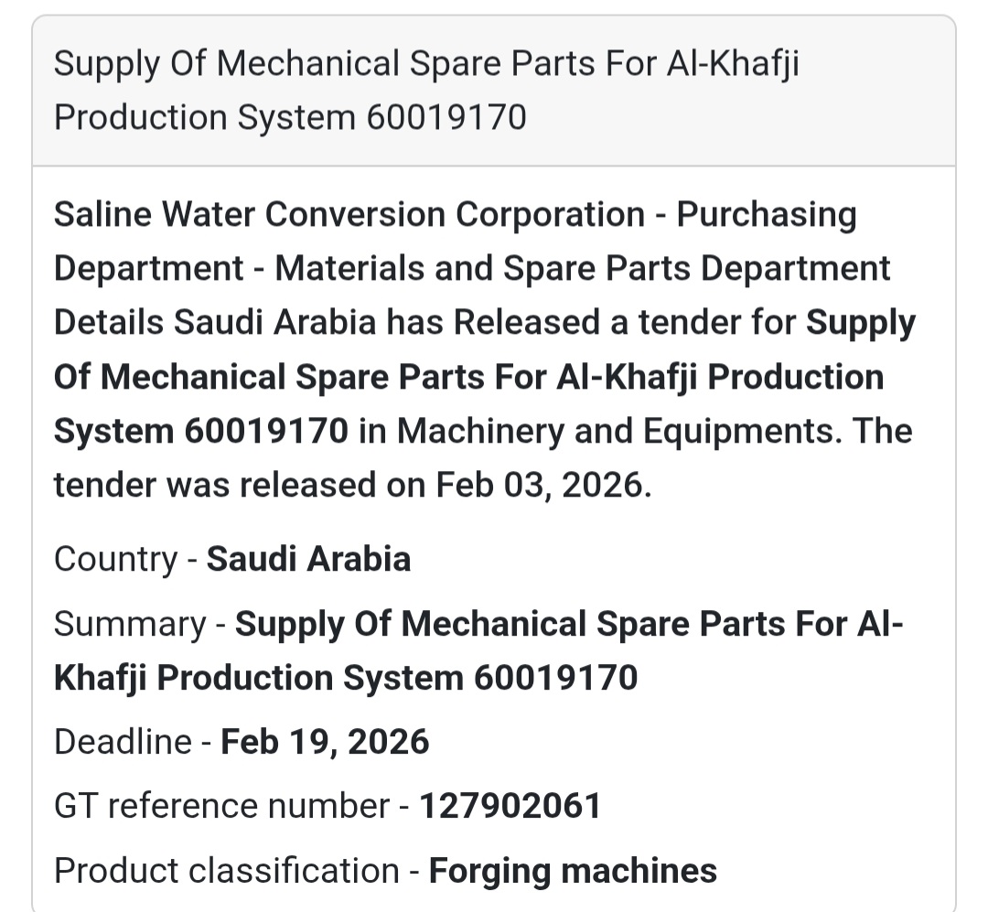 🇸🇦 Tender Alert: Mechanical Spare Parts  Organization