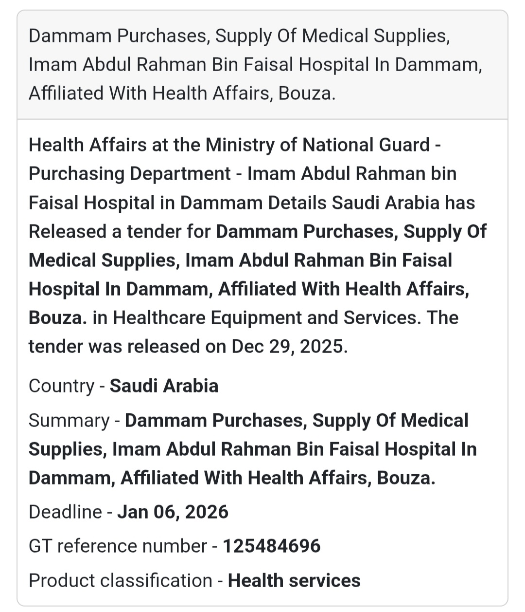 Tender Alert: Medical Supplies in Dammam, Saudi Arabia