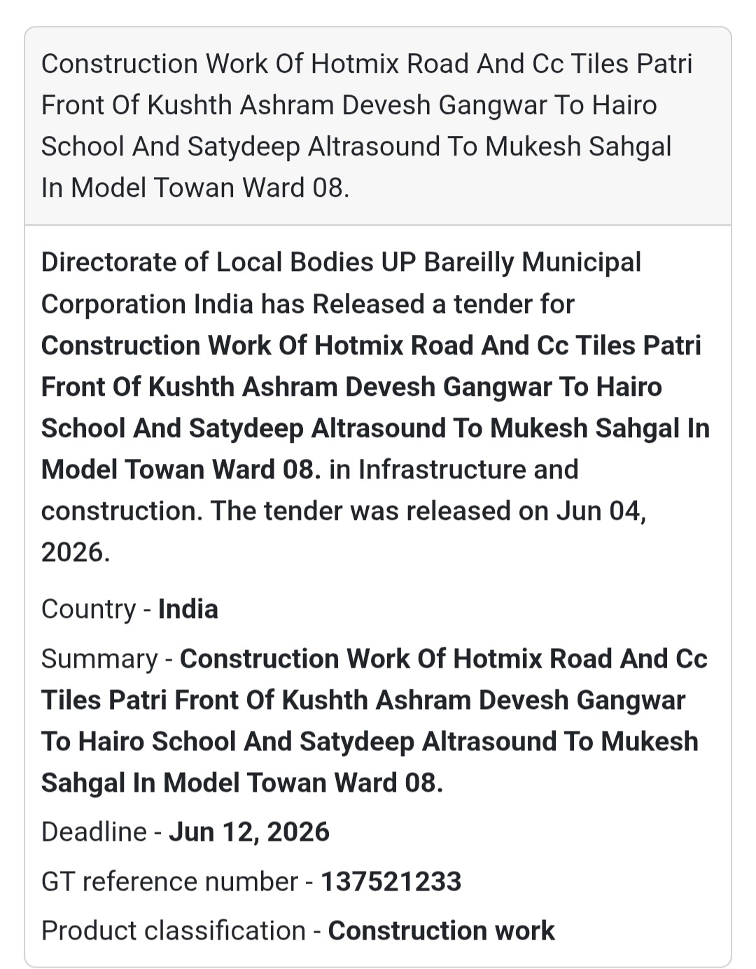 🛣️ Tender Alert | Model Town, Bareilly | Hotmix Road & CC Tiles Work