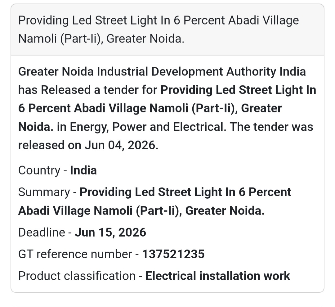 💡 Tender Alert | Namoli, Greater Noida | LED Street Light Installation