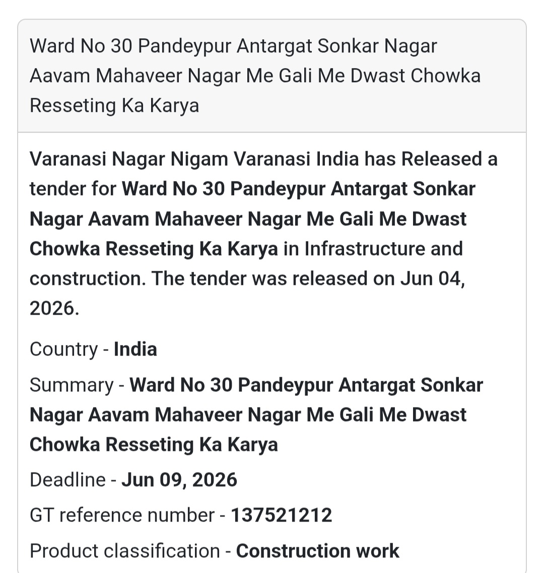 🛣️ Tender Alert | Pandeypur, Varanasi | Road Resetting Work