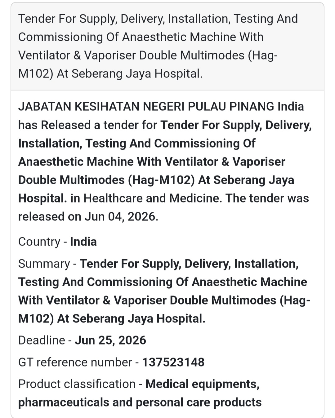 🩺 Tender Alert | Penang | Anaesthetic Machine Supply & Installation