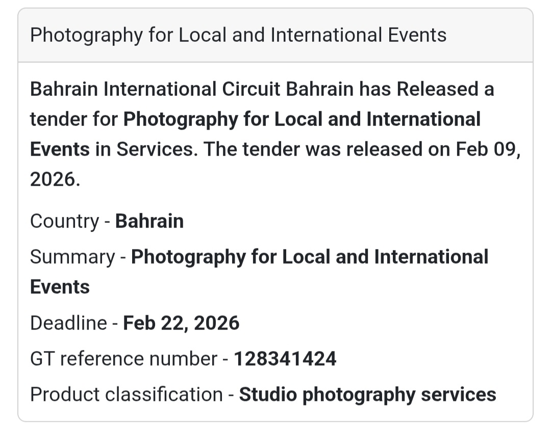 📸 Tender Alert | Photography Services Bahrain International Circuit