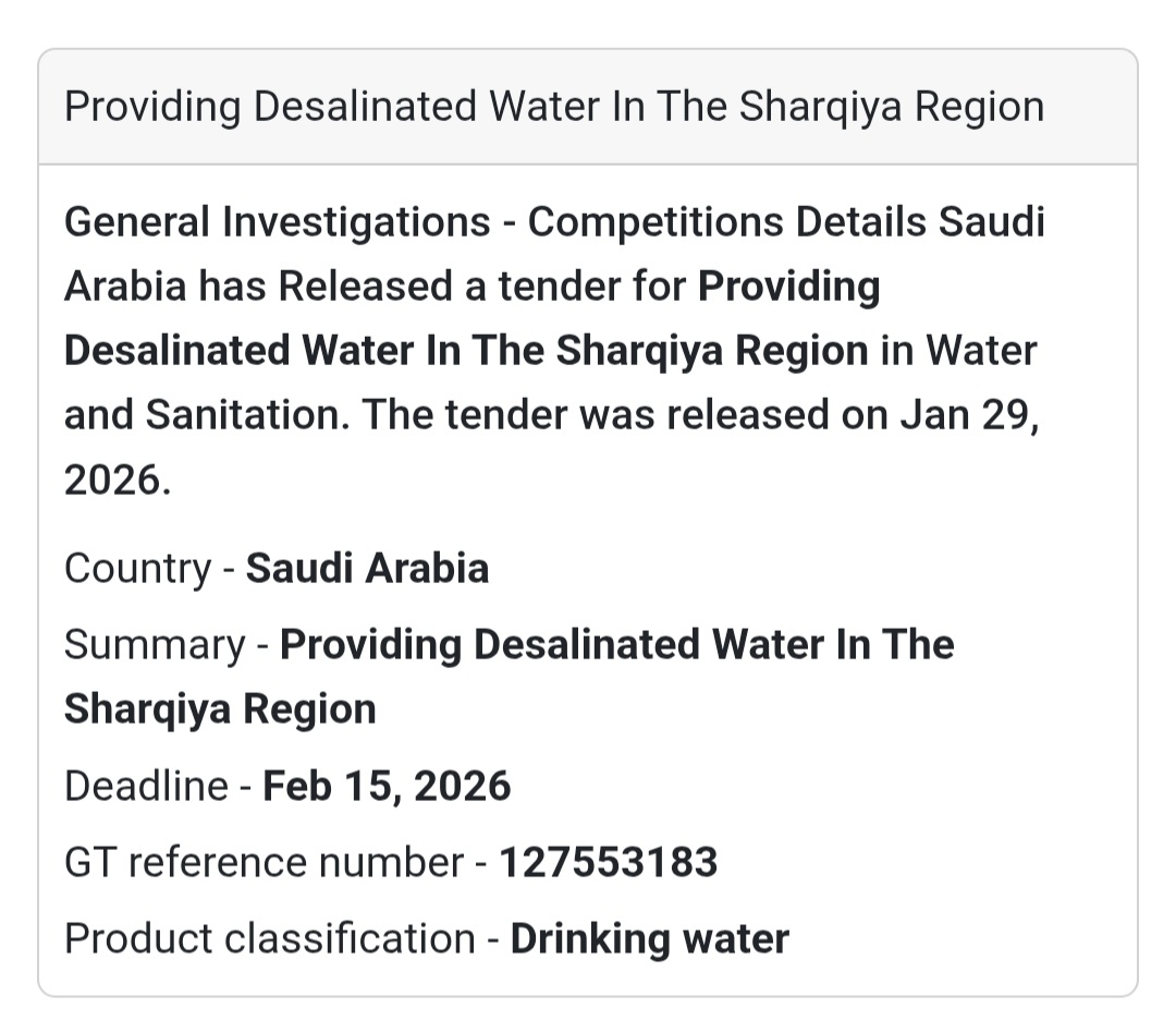 🇸🇦 Tender Alert: Providing Desalinated Water In The Sharqiya Region