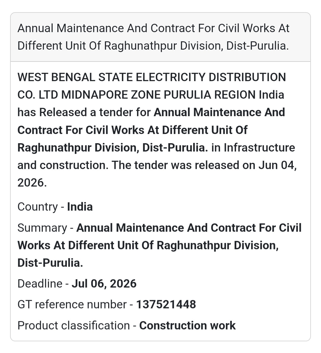 🏗️ Tender Alert | Purulia | Annual Civil Maintenance Contract