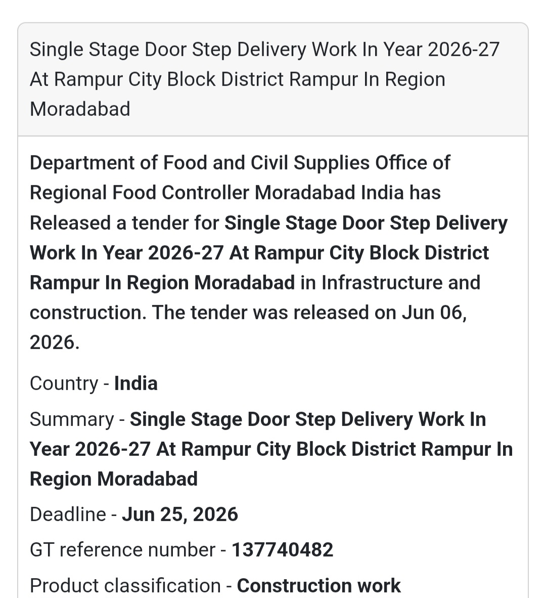🚚 Tender Alert: Rampur City, Rampur | Single Stage Door Step Delivery Work
