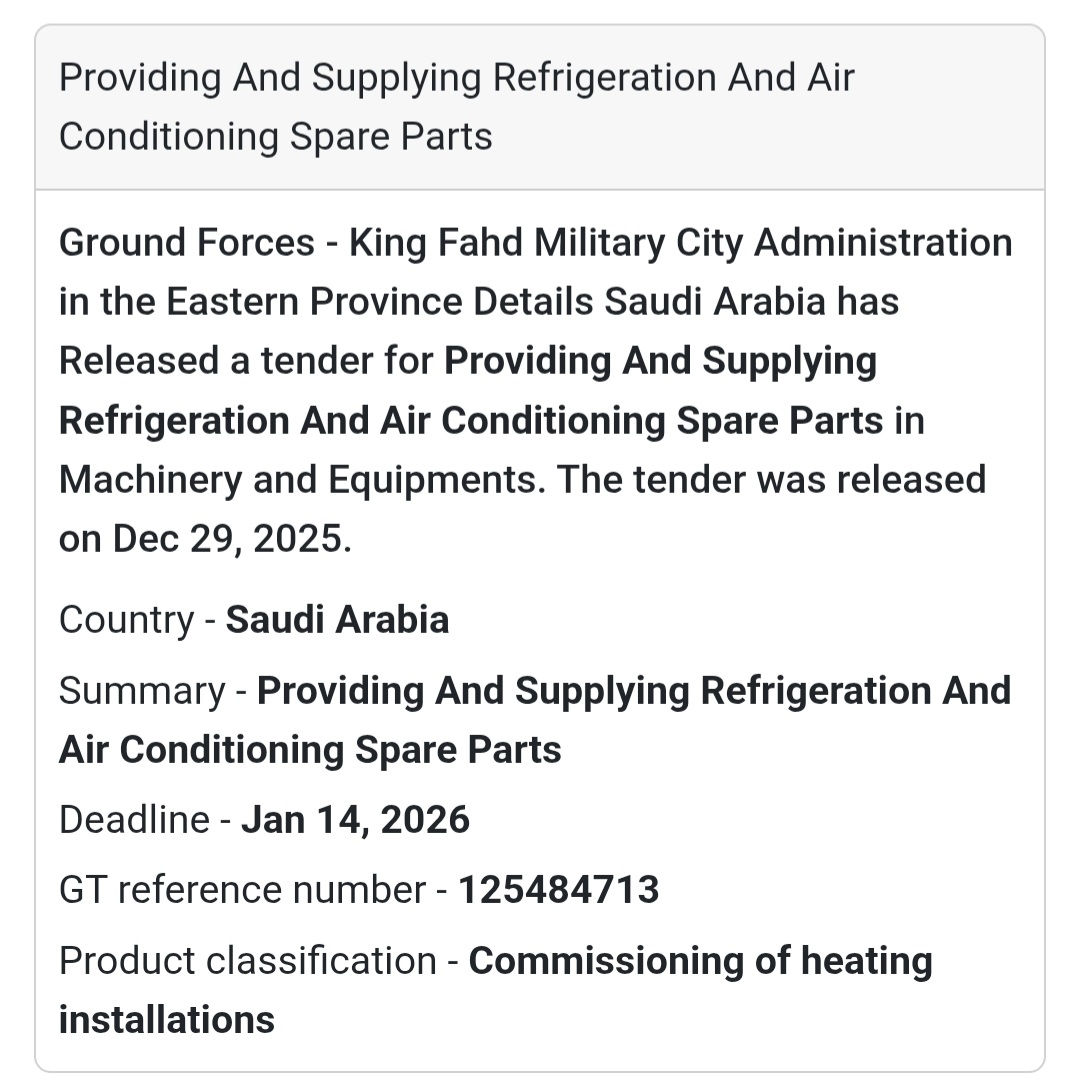 Tender Alert: Refrigeration & AC Parts Supply in Saudi Arabia! 🇸🇦