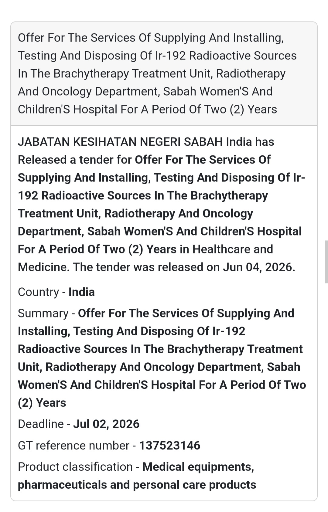 🏥 Tender Alert | Sabah | Radiotherapy Equipment Services