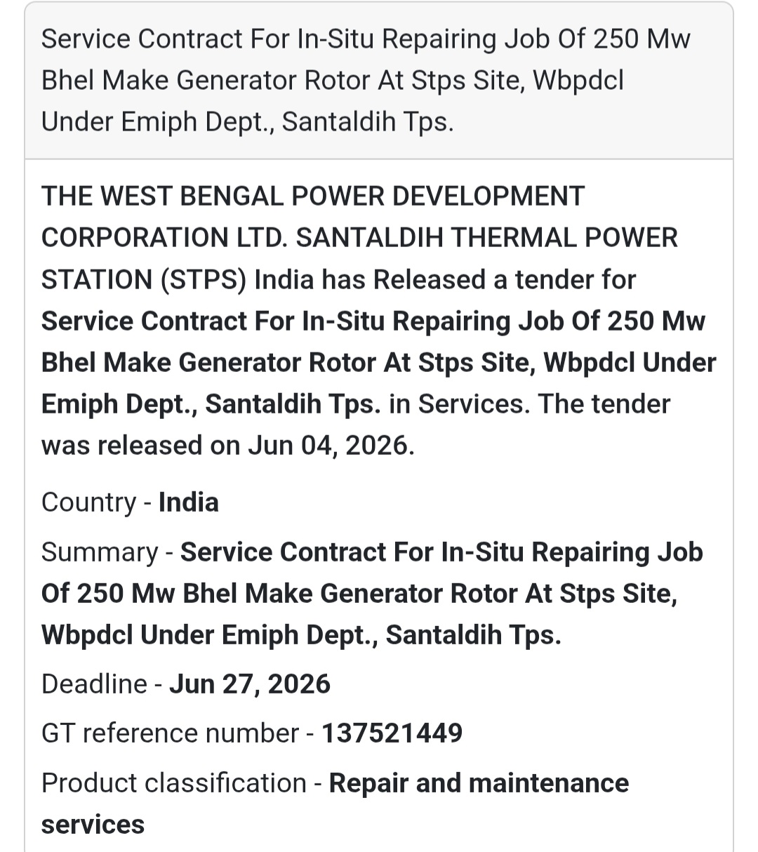 ⚙️ Tender Alert | Santaldih | Generator Rotor Repair Service